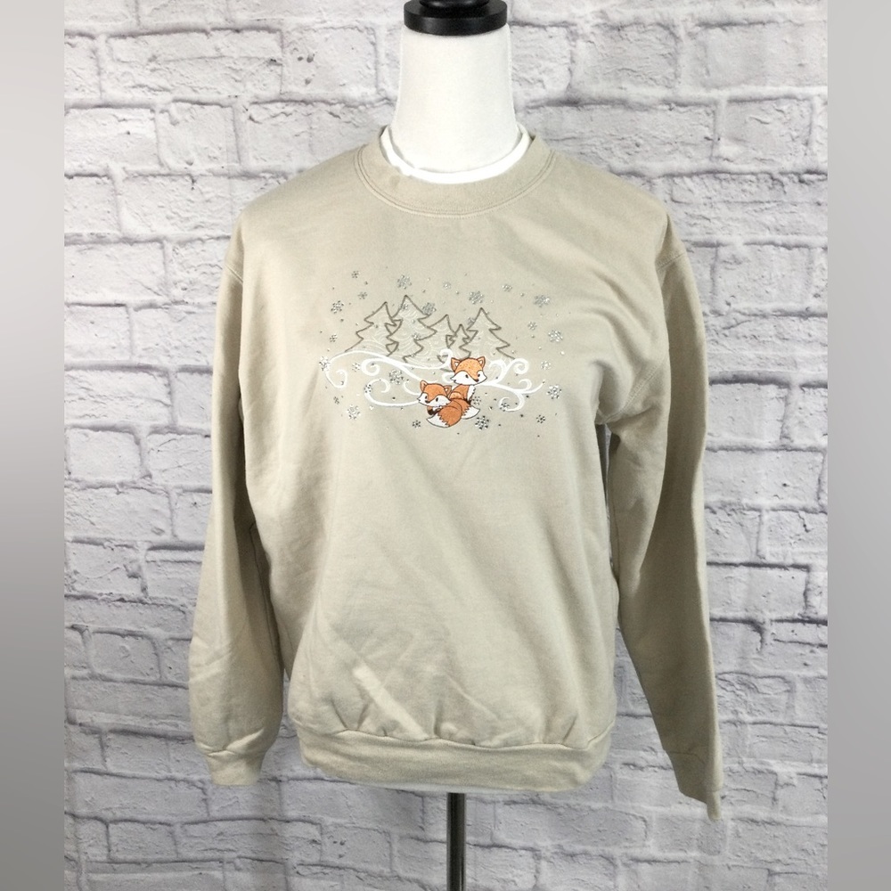 Morning Sun Brand Women’s Crewneck Sweatshirt eos Winter Scene w/Foxes Size Med‎